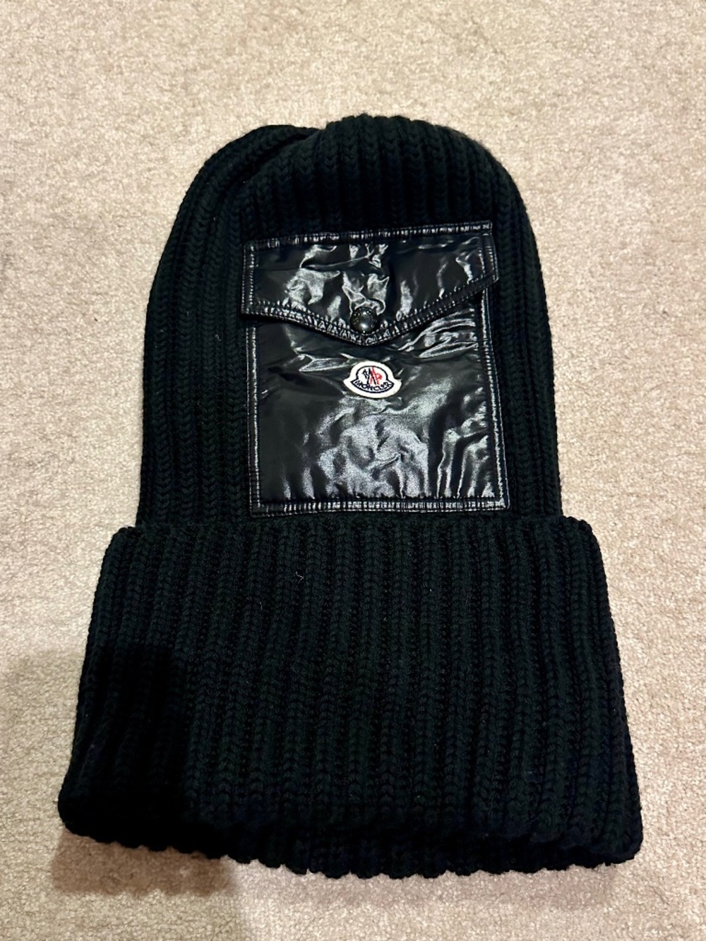 Moncler black beanie with snap pocket